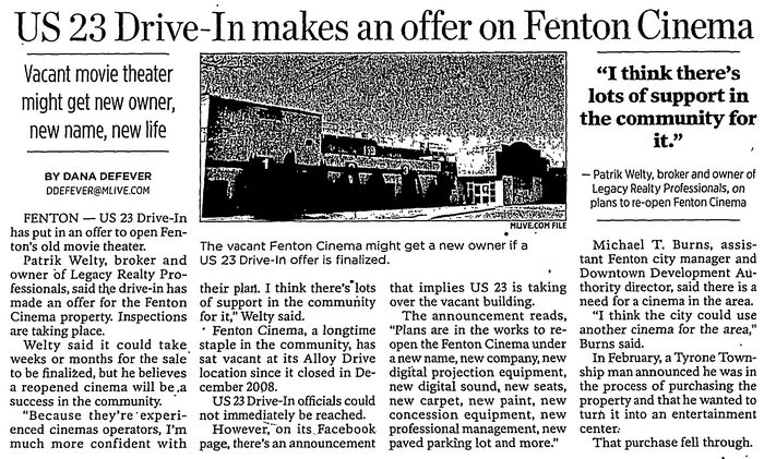 Fenton Cinema - 2012 Article On Us-23 Offer (newer photo)